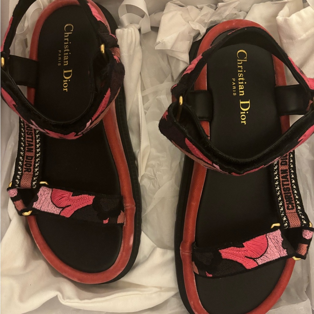 Dior Black and Pink Embroidered Strap Sandals